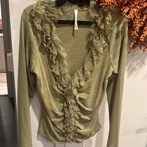 Anthropologie Olive Lace Ruffle Blouse